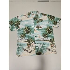 Blue Hawaii Hawaiian Island Cotton Button‎ Up Shirt Palm Tree Island Print Green
